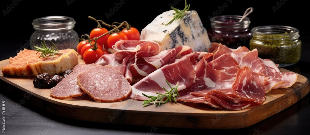 A platter featuring a variety of meats and cheeses arranged on a rustic wooden board. The assortment includes ham, prosciutto, and jam, inviting indulgence and a flavor-packed experience.