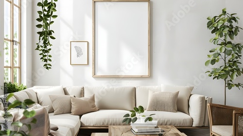 Modern living room with two square frame mockup  gray color sofa and interior decoration. 3d rendering  interior design  3d illustration ai generated