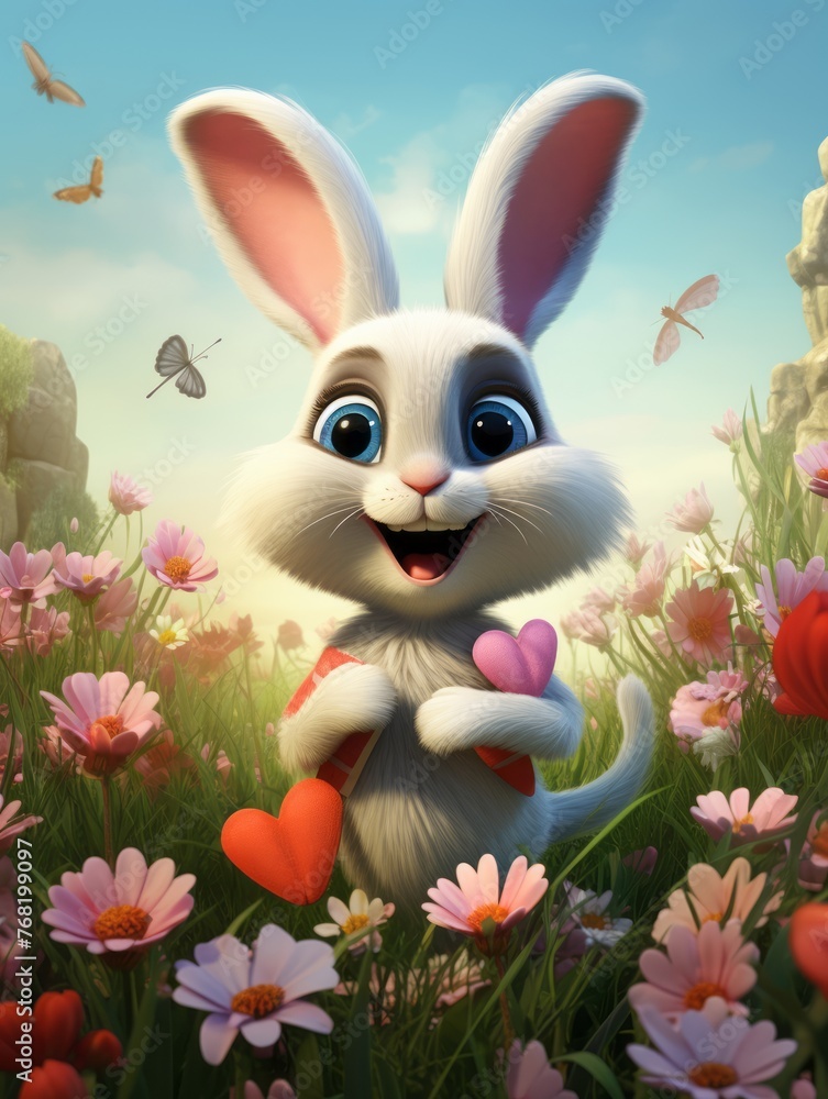 Painted Easter cute fluffy little bunny on a spring flower meadow. Painted Easter cute fluffy little bunny on a spring flower meadow.
