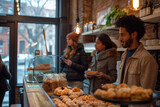 Customers enjoying coffee and pastries at a trendy brunch spot. A crowd in a bakery admiring the pastries on display by the window