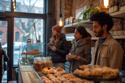 Customers enjoying coffee and pastries at a trendy brunch spot. A crowd in a bakery admiring the pastries on display by the window photo