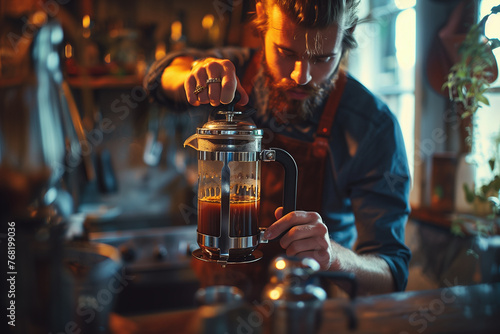 Man using a French press to brew coffee at home in the morning. Man brewing coffee with Tableware in kitchen using French press