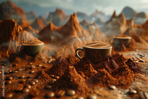 A parallel dimension where coffee mugs are sentient beings with their own civilization, living a top mountains of coffee grounds and ruling over vast coffee bean fields.
