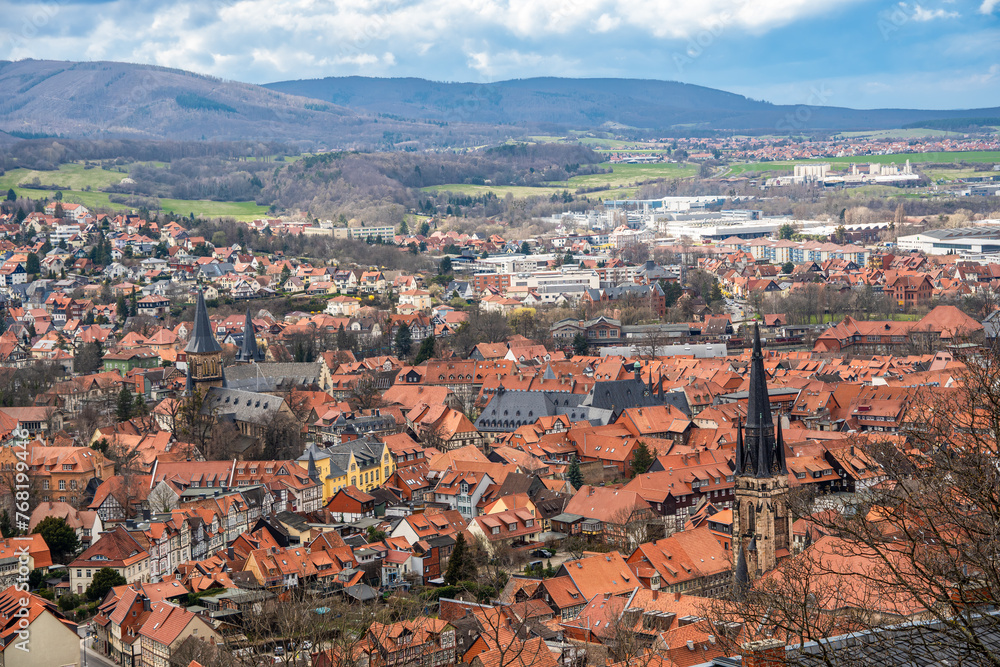 View of the old town of Wernigerode, a town in the Harz Mountains with many half-timbered houses