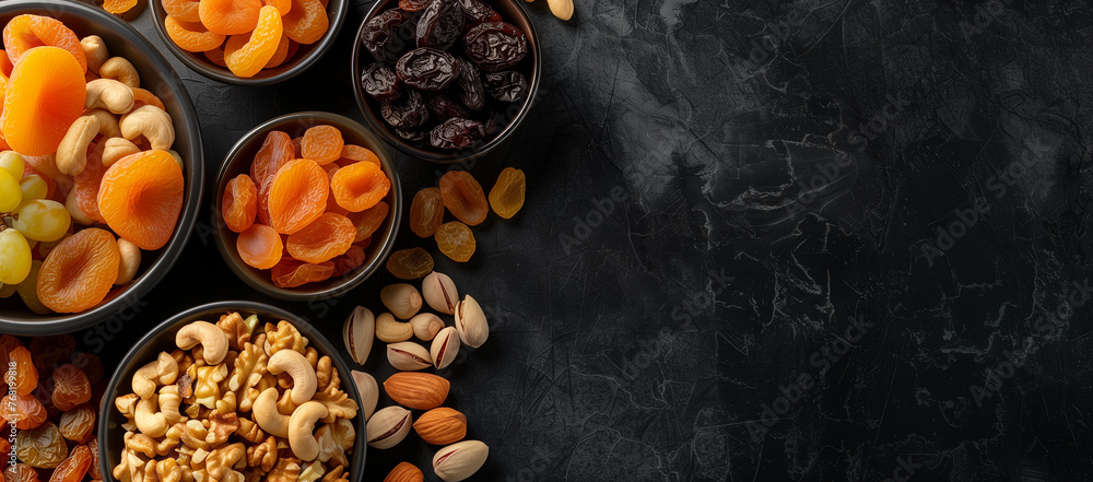 Top view of an assortment of dried fruit on a dark background with space for text
