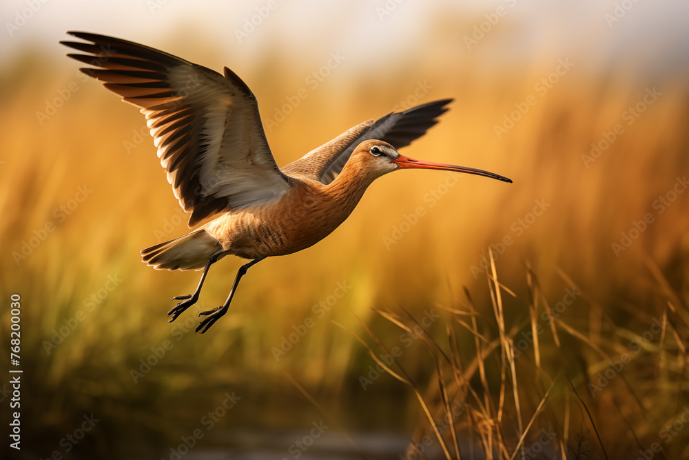 Fototapeta premium Black-tailed godwit bird in flight (Limosa limosa)