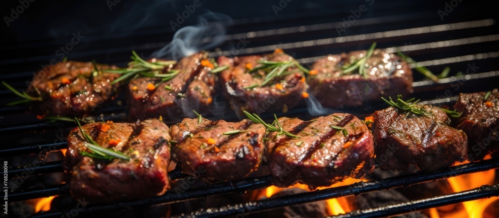 A bunch of marinated lamb steaks cooking on a grill, sizzling and searing as they get charred to perfection during a BBQ session. A bunch of marinated lamb steaks cooking on a grill, sizzling and searing as they get charred to perfection during a BBQ session.
