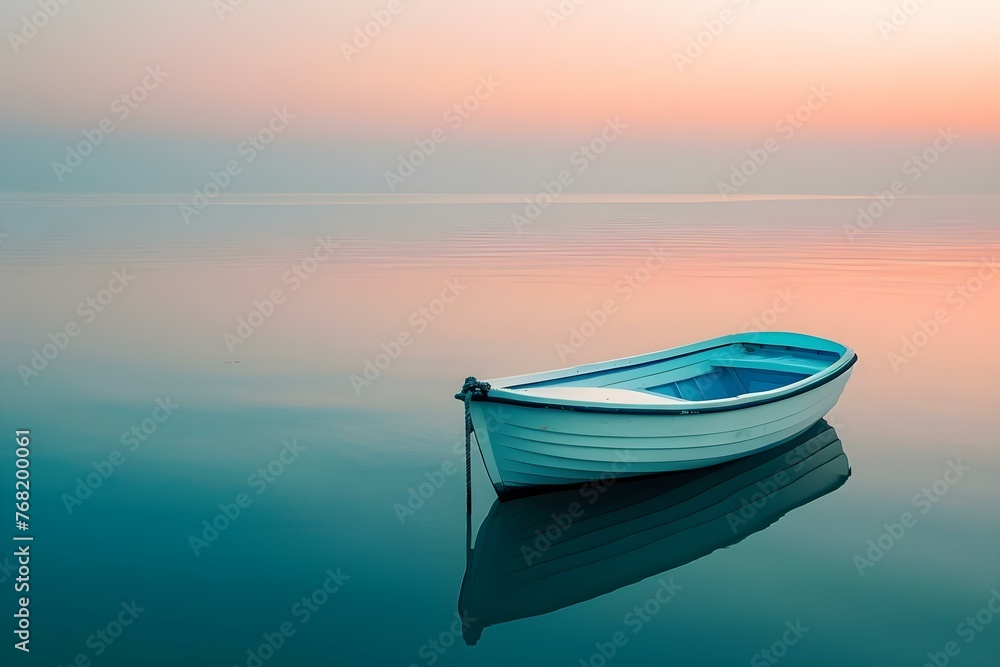 Serene scene: rowboat anchored in a calm cove at sunrise. Concept Nature Photography, Sunrise Landscape, Serenity, Rowboat Scene, Calm Waters