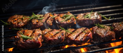 A bunch of marinated lamb steaks cooking on a grill, sizzling and searing as they get charred to perfection during a BBQ session.