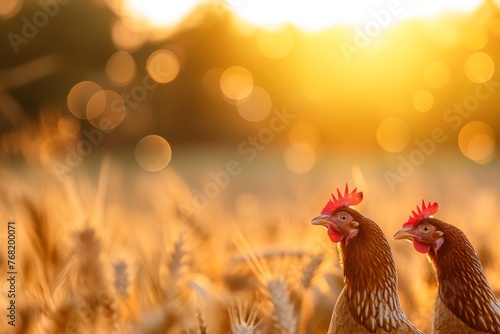 Two chickens in a wheat field at sunrise. Sustainable agriculture and free-range poultry concept. Design for organic farming promotion, agricultural education content, and healthy food marketing. © NeuroCake