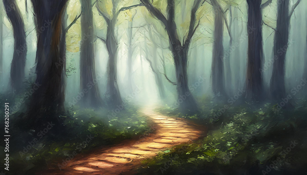 Obraz premium Detailed oil painting of spooky forest with path and foggy atmosphere. Misty woods Wild nature.