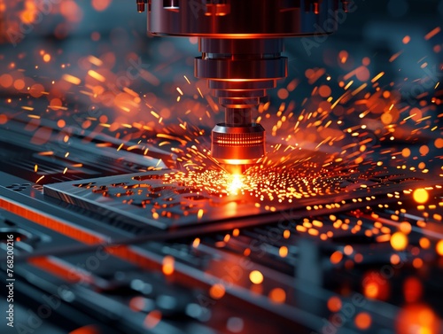 A machine is cutting through a piece of metal, creating sparks and fire. Concept of danger and excitement, as the sparks and fire suggest that the machine is powerful