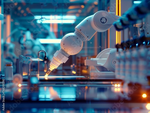 A robot is working on a machine in a factory. The robot is white and has a metal arm. The factory is filled with other robots and machines. Scene is industrial and futuristic