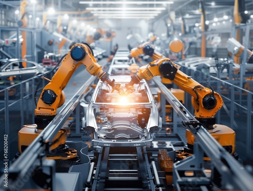A robot is working on a car in a factory. The robot is orange and has a yellow light on it. The car is being built in a factory with many other robots
