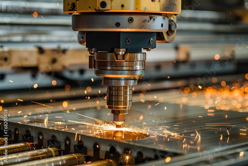 A machine cutting a piece of metal with sparks in the background and a blurry image of a machine