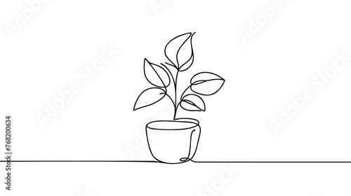 Plant tree in pot in human hands. Continuous one line drawing. Vector illustration.
