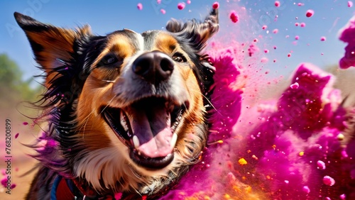 Dogs of various breeds playfully participate in Holi festivities