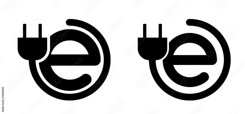 Electric Car Charging or vehicle Chargers. Green E, car charging plug for Hybrid Eco cars. Cartoon green bio or eco power icon or symbol with car. Car plug. - obrazy, fototapety, plakaty 
