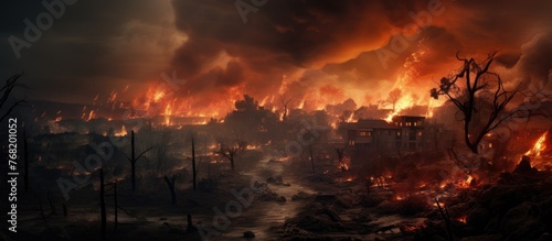 A large fire is burning fiercely in a city, engulfing buildings and sending thick smoke into the sky. The flames are spreading rapidly, causing chaos and destruction in its path.