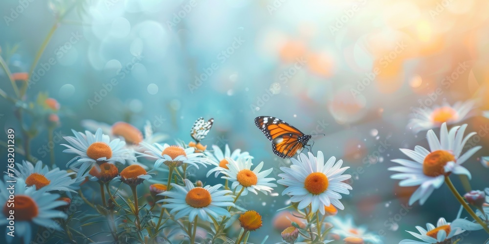 Beautiful wild flowers daisies and butterfly in morning cool haze in nature spring close-up macro. Delightful airy artistic image beauty summer nature