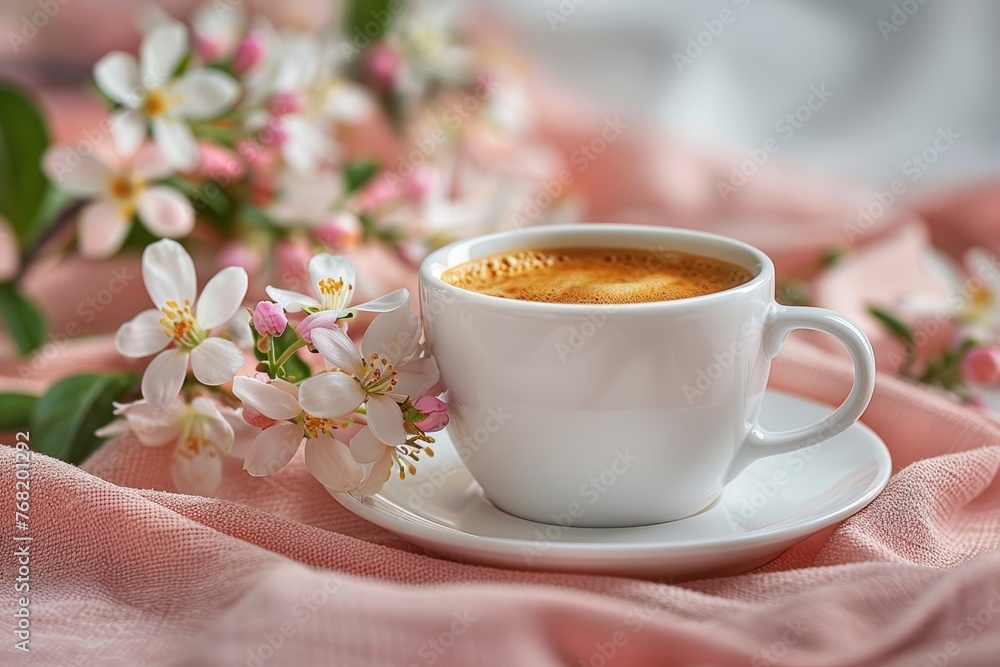 Morning cup of coffee with white flowers on pink fabric background. Hot drink with spring flowers. Romantic breakfast for Women's or Valentine day. Design for menu, poster, banner, greeting card Morning cup of coffee with white flowers on pink fabric background. Hot drink with spring flowers. Romantic breakfast for Women's or Valentine day. Design for menu, poster, banner, greeting card