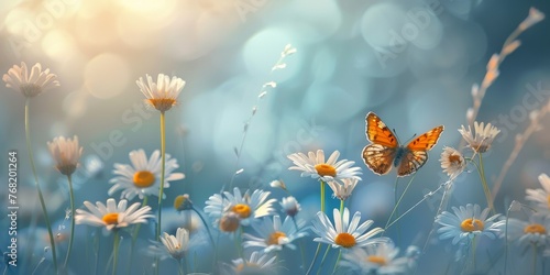 Beautiful wild flowers daisies and butterfly in morning cool haze in nature spring close-up macro. Delightful airy artistic image beauty summer nature © Frank