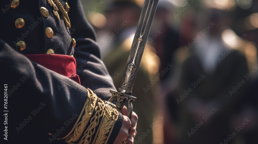 Details with the uniform and weapon with bayonet