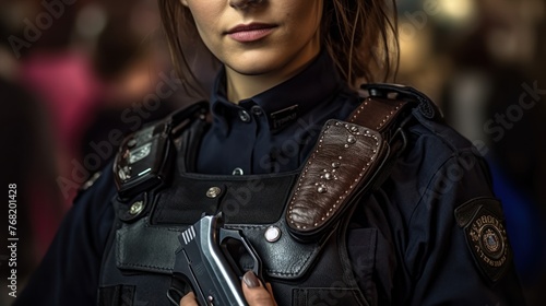 Details with a brand new Beretta PX4 gun in the holster of a Romanian female police officer during an event of the Police Force.