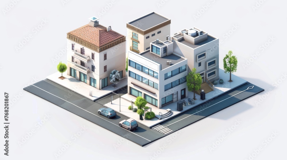Urban architecture historical and modern public buildings isometric icons set with museum cafe hospital isolated vector illustrations