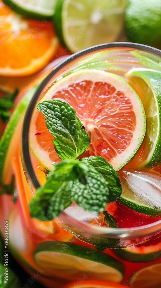Close-up of a refreshing pitcher of agua fresca, garnished with slices of lime and sprigs of mint. Vertical poster, top view Close-up of a refreshing pitcher of agua fresca, garnished with slices of lime and sprigs of mint. Vertical poster, top view