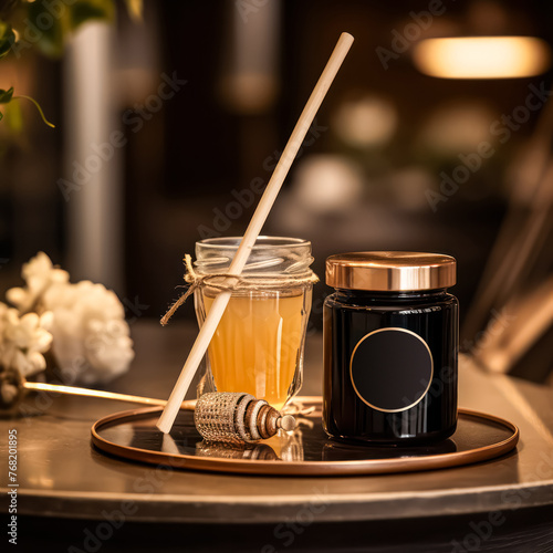 A wooden spoon is next to a jar of honey.