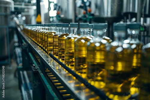 Modern automated olive oil bottling conveyor line in a factory showcasing advanced industrial equipment for vegetable oil production. Concept Olive Oil Bottling Line, Industrial Automation