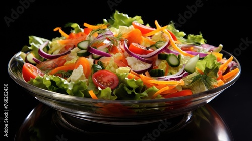 Vegetables in a salad on a plate. Chopped bell pepper, cucumber, tomatoes, onion. Healthy eating.