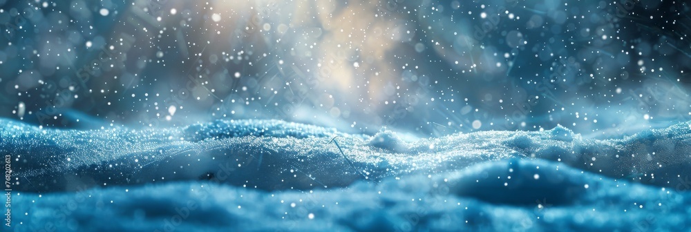 Fototapeta premium Beautiful ultrawide background image of light snowfall falling over of snowdrifts.