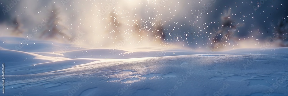 Beautiful ultrawide background image of light snowfall falling over of snowdrifts. 
