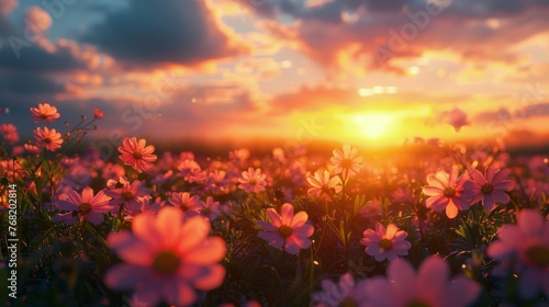Field of Flowers With Setting Sun