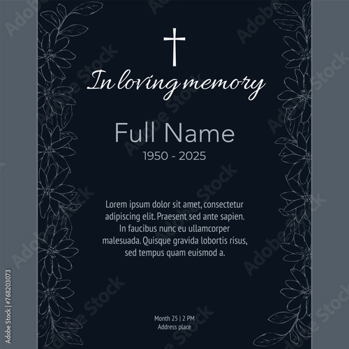 Card template with gray flower border and cross