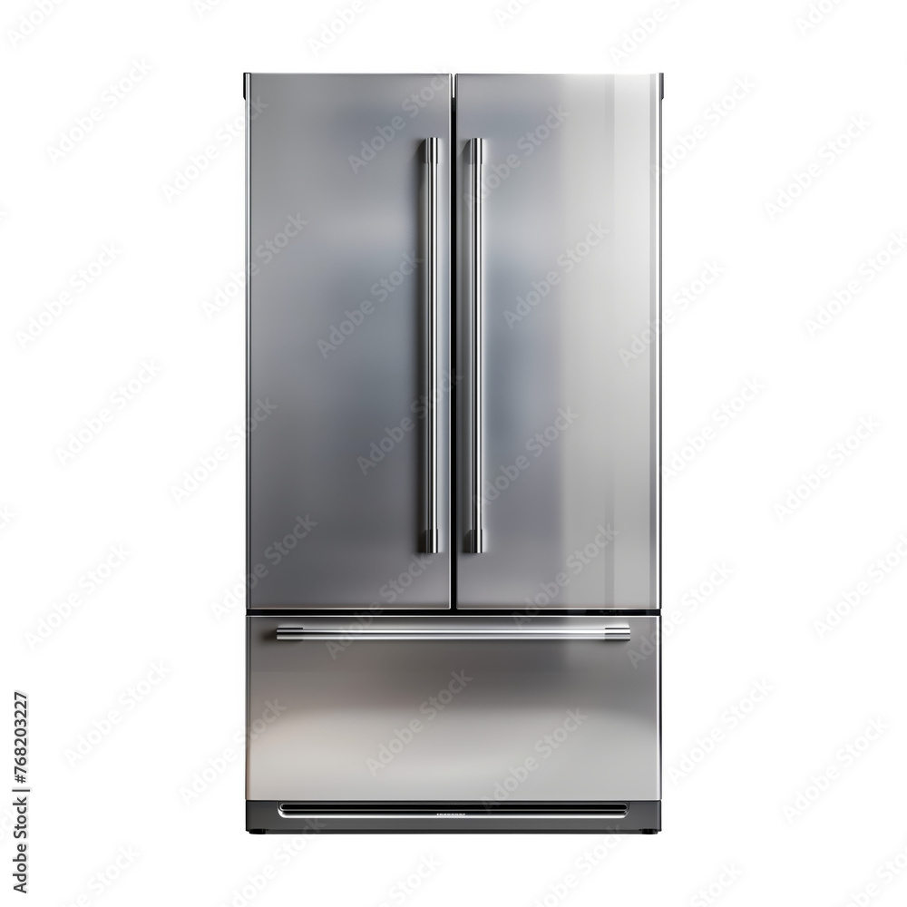 A silver refrigerator with a silver handle A silver refrigerator with a silver handle