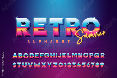 Retro summer font effect alphabet. Vibrant glow retro futurist typeface with 80s design. Metallic trendy colorful style