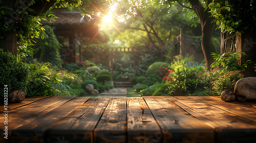 Empty Wooden Table With Garden Background