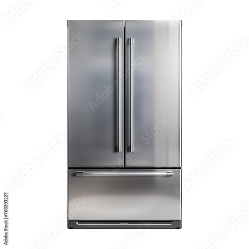 A silver refrigerator with a silver handle