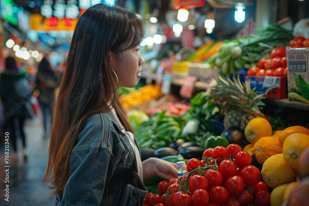 Woman Standing in Front of Vegetable Display Woman Standing in Front of Vegetable Display