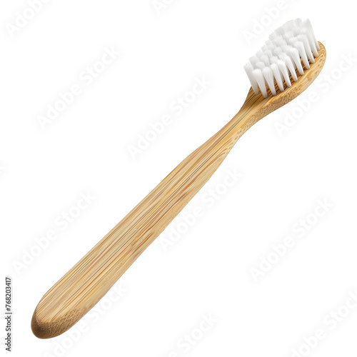 A wooden toothbrush with white bristles