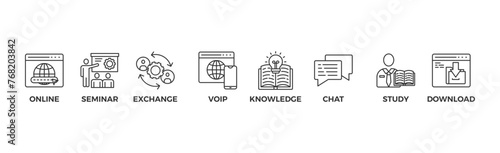 E-learning banner web icon glyph silhouette with icon of online, seminar, exchange, voip, knowledge, chat, study and download	
