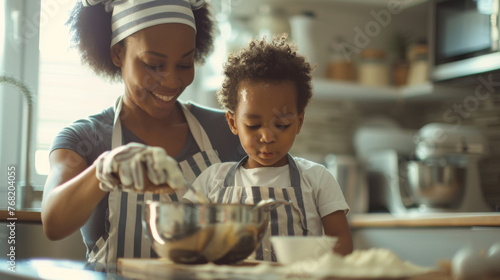 A child and a smiling adult are baking together in the kitchen.