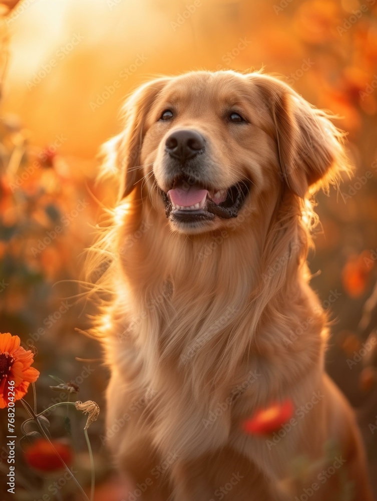 A dog is sitting in a field of flowers with orange and red leaves. Generative AI. A dog is sitting in a field of flowers with orange and red leaves. Generative AI.