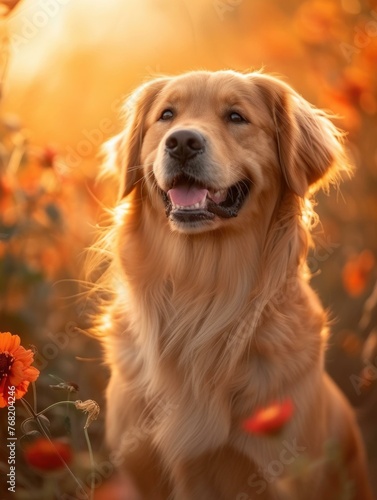 A dog is sitting in a field of flowers with orange and red leaves. Generative AI. © serg3d