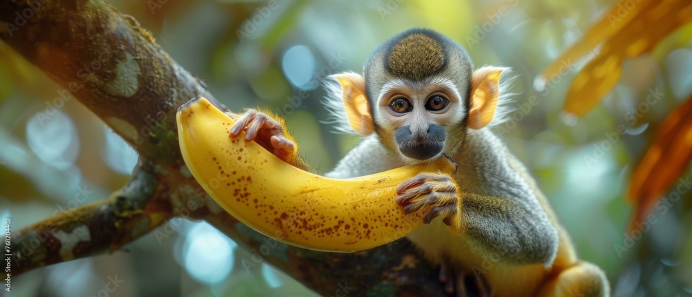 Fototapeta premium A monkey is sitting on a tree branch eating a banana. Generative AI.