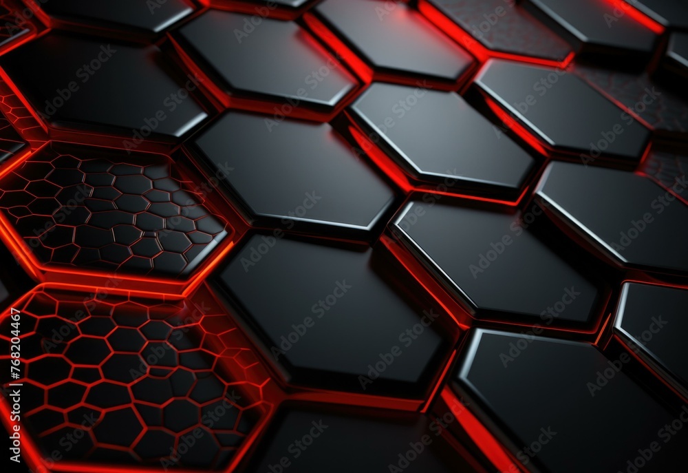 A red and black background with hexagons. Generative AI. A red and black background with hexagons. Generative AI.