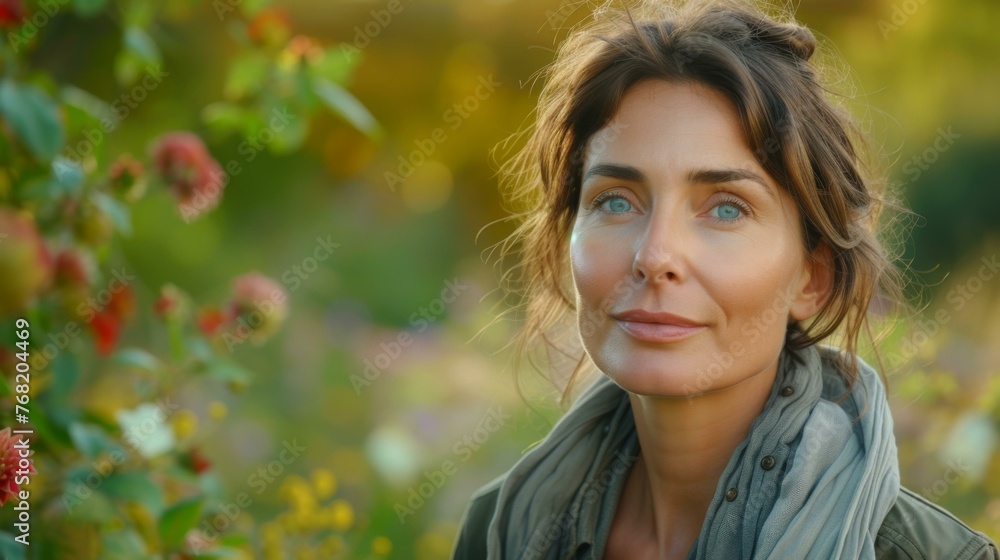 A woman with a scarf on her head standing in front of flowers. Generative AI.